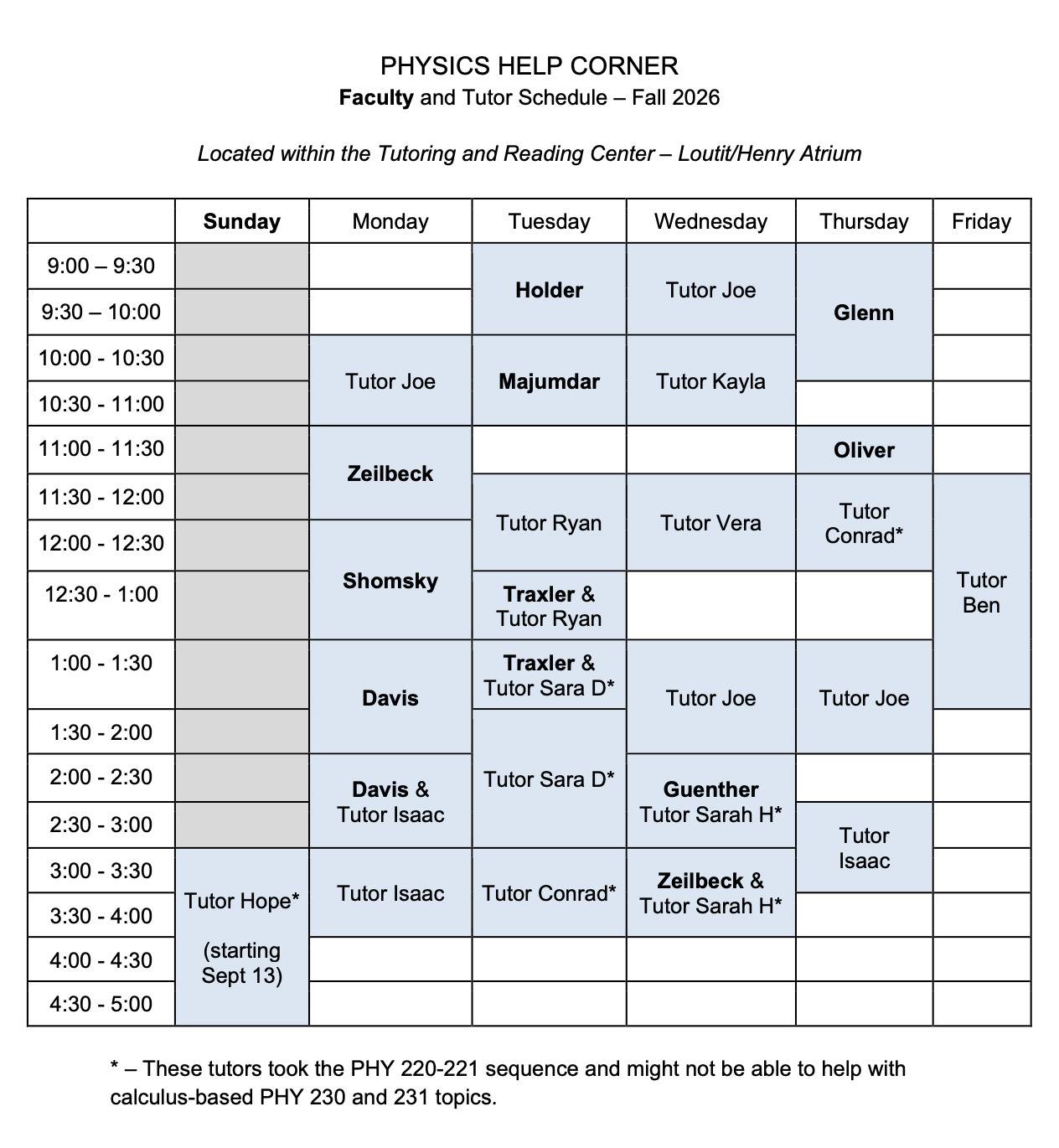 F2026 weekly schedule for the Physics Help Corner  (accessible version available at tutoring website)